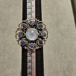 Artisan Sterling 925 Floral Round Amethyst Blue Moonstone Opal Cluster Ring Size